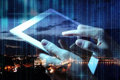 Multiple exposure of female programmer with tablet, digital binary code and n Stock Photos