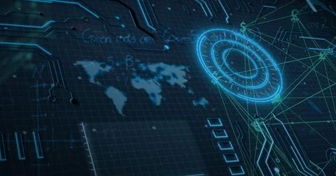 Multiple exposure of financial symbols with map and glowing circle, copy spac 스톡 일러스트