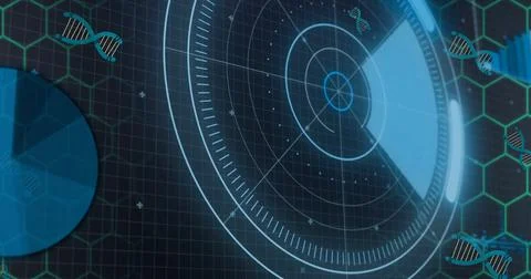 Multiple exposure of glowing circle and pie diagrams with dna pattern, copy s Stock Illustration