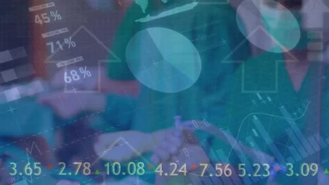 Multiple exposure of medical data processing and caucasian surgeons during 스톡 동영상 329986702
