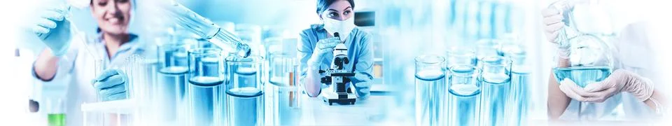 Multiple exposure of scientists doing sample analysis in laboratory and test  Stock Photos