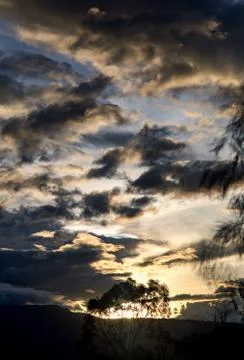 Multiple exposure of a sunset with the sun behind a tree. Captured at the And Foto stock