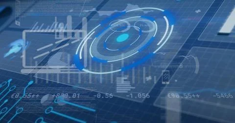 Multiple exposure vector image of various virtual blue patterns, copy space Illustrazione stock