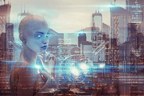 Multiple exposure of woman robot and urban architecture Stock Illustration