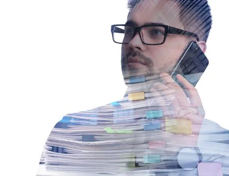 Multiple exposure of young man talking on phone, documents and building Stock Photos