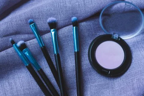 Multiple eye make-up brushes and pink eyeshadow. Concept of beauty and make-u Stock Photos