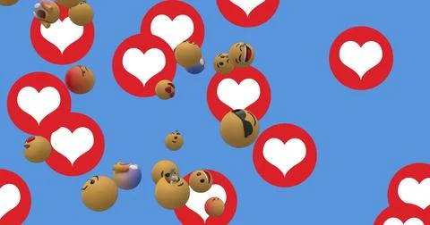 Multiple face emojis and heart icons floating against blue background Stockillustratie