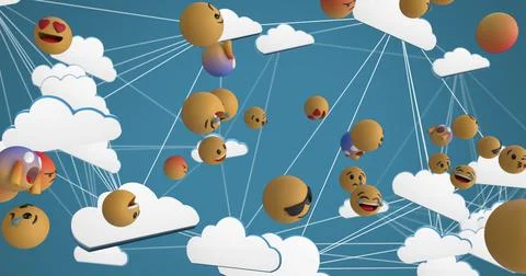 Multiple face emojis floating against network of cloud icons against blue 스톡 일러스트