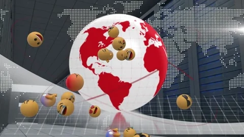 Multiple face emojis floating over spinning globe and world map against computer Stock Footage 157676805
