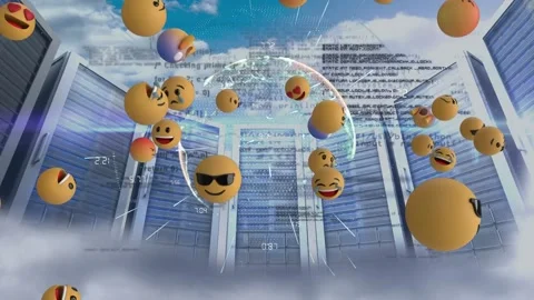 Multiple face emojis floating over spinning globe and computer server against Stock Footage 157676833