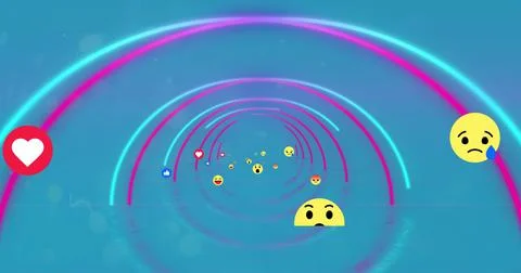 Multiple face emojis moving against glowing tunnel on blue background Illustrazione stock