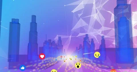 Multiple face emojis moving over 3D city model against plexus networks Stock Illustration
