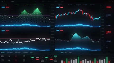 Multiple fake computer interface screen big data analytic science technology. Illustrazione stock