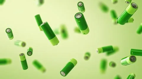 Multiple falling green batteries with depth of field. Green energy concept. Stock Illustration