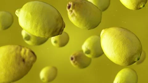 Multiple falling lemons and water drops against yellow background. 3D rendering Stock Illustration