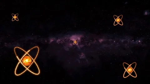 Multiple Fiery Atom Models Orbiting in a Starry Galaxy animated Background .. Stock Footage 332992721