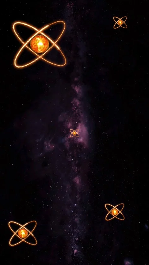 Multiple fiery atom models orbiting in a starry galaxy. Quantum mechanics c.. Video stock 345963563