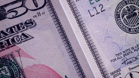 A Multiple fifty dollar bills attached close up Ulysses S Grant motion Stock Footage 155302372