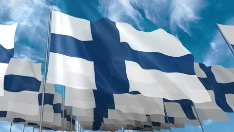 Multiple Finland flags seamless looping waving on blue sky Stock Footage 343680204