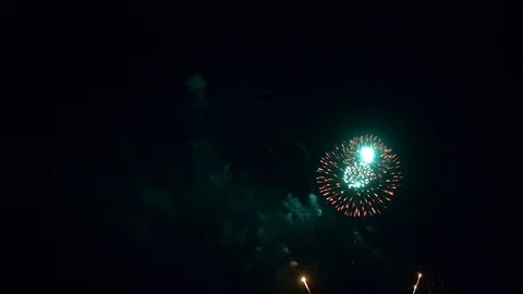 Multiple fireworks burst in the distant night sky. Stock Footage 122735366