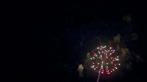 Multiple Fireworks Exploding in Slow Motion Illuminating Smoke in the Background Stock Footage 92448848