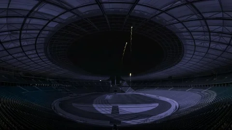 A Multiple fireworks go off in empty stadium Stock Footage 155302708