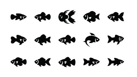 Multiple fish icons in black and white, representing aquatic life and sea c.. 库存插图