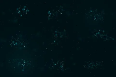 Multiple floating teal clusters of connected points appear like distant dig.. Illustrazione stock