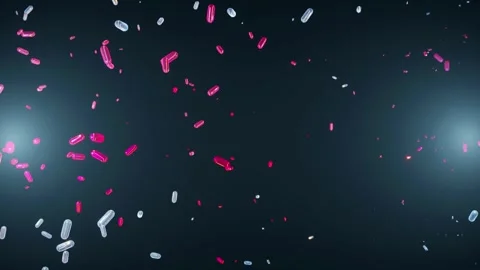 Multiple flying pills on blue background. pharmaceutical video Video stock 256800839