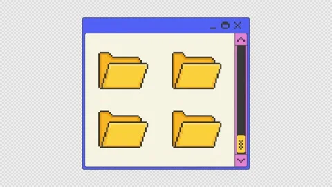Multiple folders with scroll bar pixel art pop-up window UI overlay animation Stock Footage 333308977