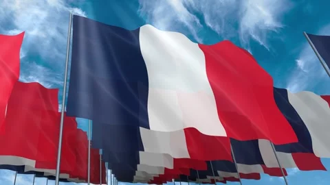 Multiple France flags seamless looping waving on blue sky Stock Footage 343680319