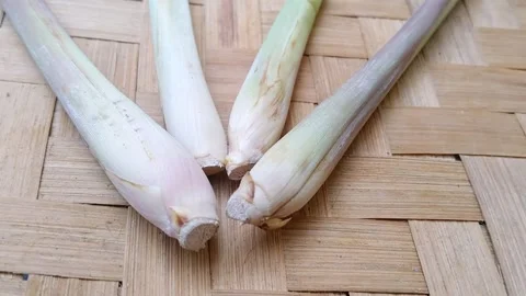 Multiple fresh lemongrass stalks on woven bamboo mat Stock Footage 340538367
