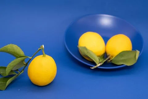 Multiple fresh lemons on a blue background with copy space Foto stock