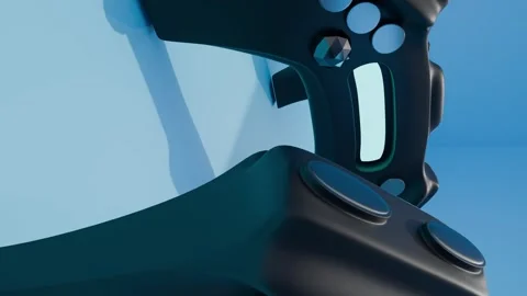 Multiple futuristic gamepads rotating in seamless loop on blue surface Stock Footage 315691335