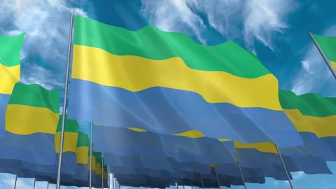 Multiple Gabon flags seamless looping waving on blue sky Stock Footage 343680420