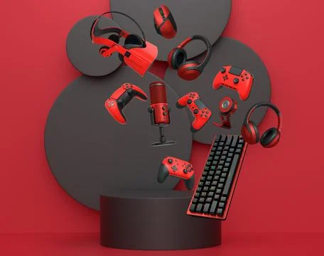 Multiple gaming devices and accessories floating above podium against abstrac Stock Illustration