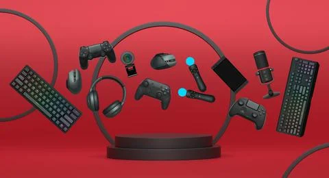 Multiple gaming devices and accessories floating above podium against abstrac Stock Illustration