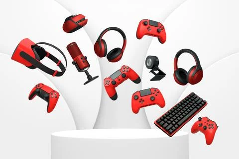 Multiple gaming devices and accessories floating above podium against abstrac Stock Illustration