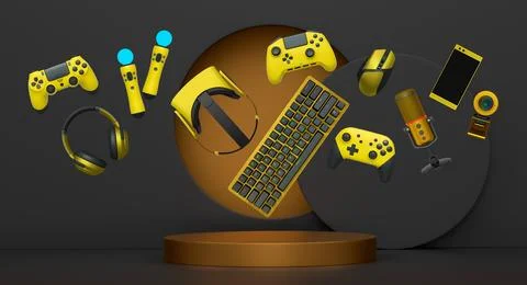 Multiple gaming devices and accessories floating above podium against abstrac Stock Illustration