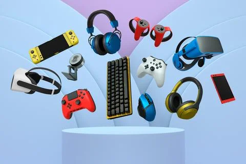 Multiple gaming devices and accessories floating above podium against abstract Stock Illustration