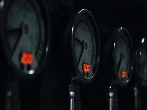 Multiple Gauges Reading Pressure on Equipment Stock Footage 76328599