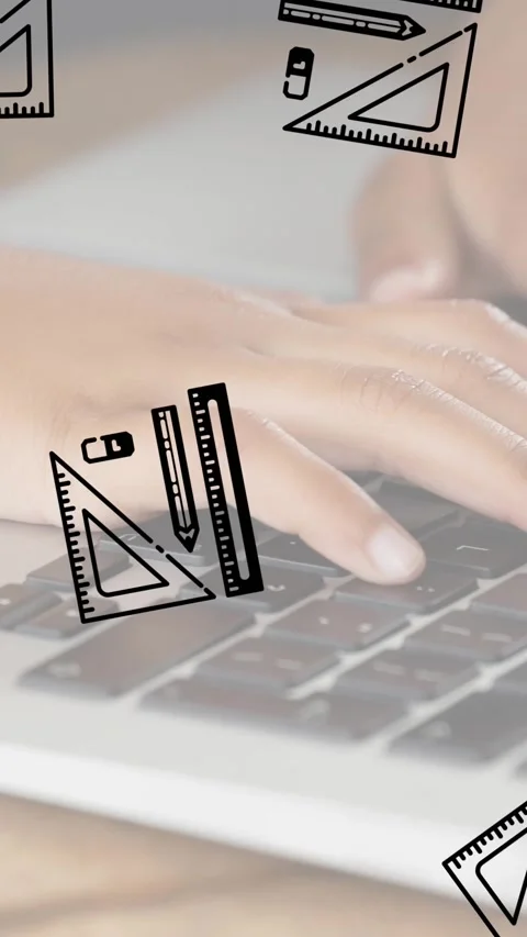 Multiple geometric equipment icons falling against mid section of student using Stock Footage 342601519