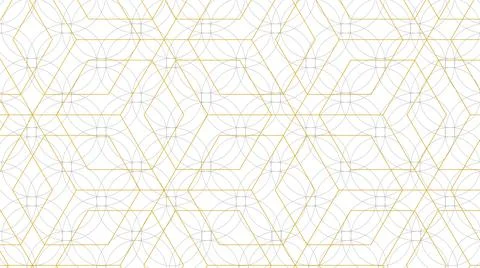 Multiple geometric yellow shapes and circles in rows on white background Illustrazione stock