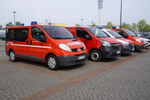 Multiple German firefighters vans Stock Photos