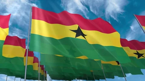 Multiple Ghana flags seamless looping waving on blue sky Stock Footage 343680726