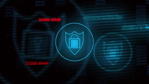 Multiple Glowing Blue Shield Icons with Padlock and Text Hackers Beware Awa.. Stock Footage 321454217