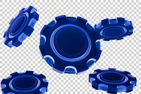 Multiple glowing blue translucent gear-shaped tokens or game chips Stock Illustration