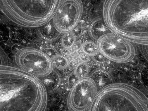 Multiple glowing bubble universes black and white texture Stock Illustration