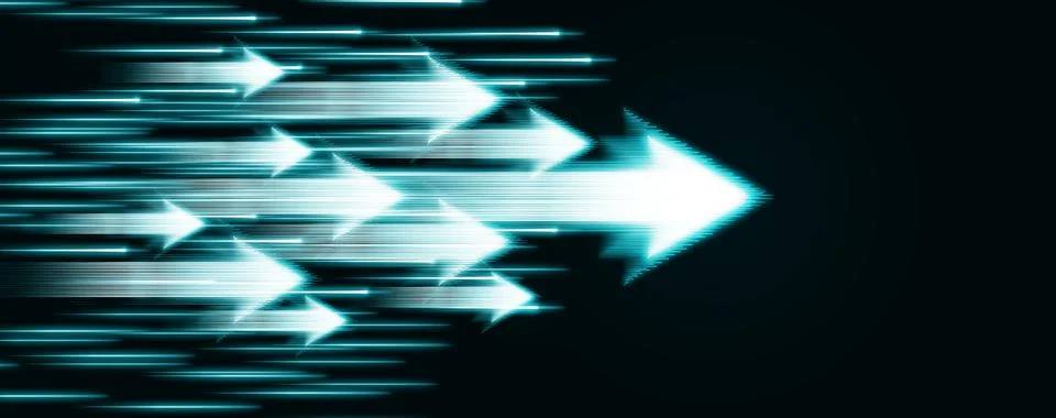 Multiple glowing speed arrows moving forward on dark background, symbolizin.. Stock Illustration