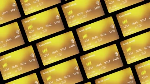 Multiple golden bank cards with a chip moving animation from top view Stock-Footage 227680931